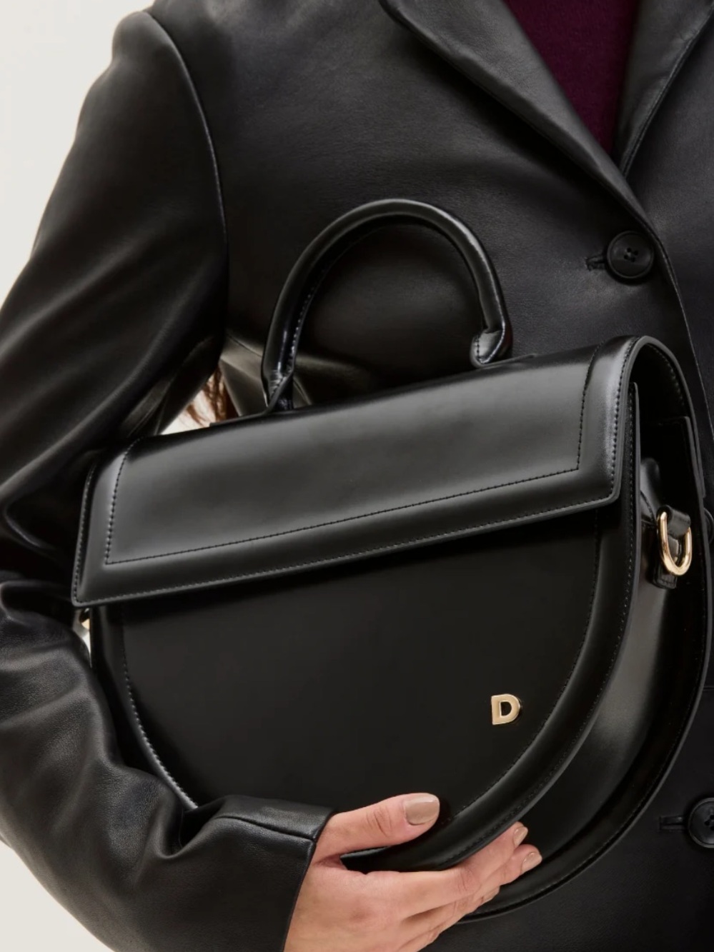 Danier Black Leather Half-Moon Satchel with Gold D Accent